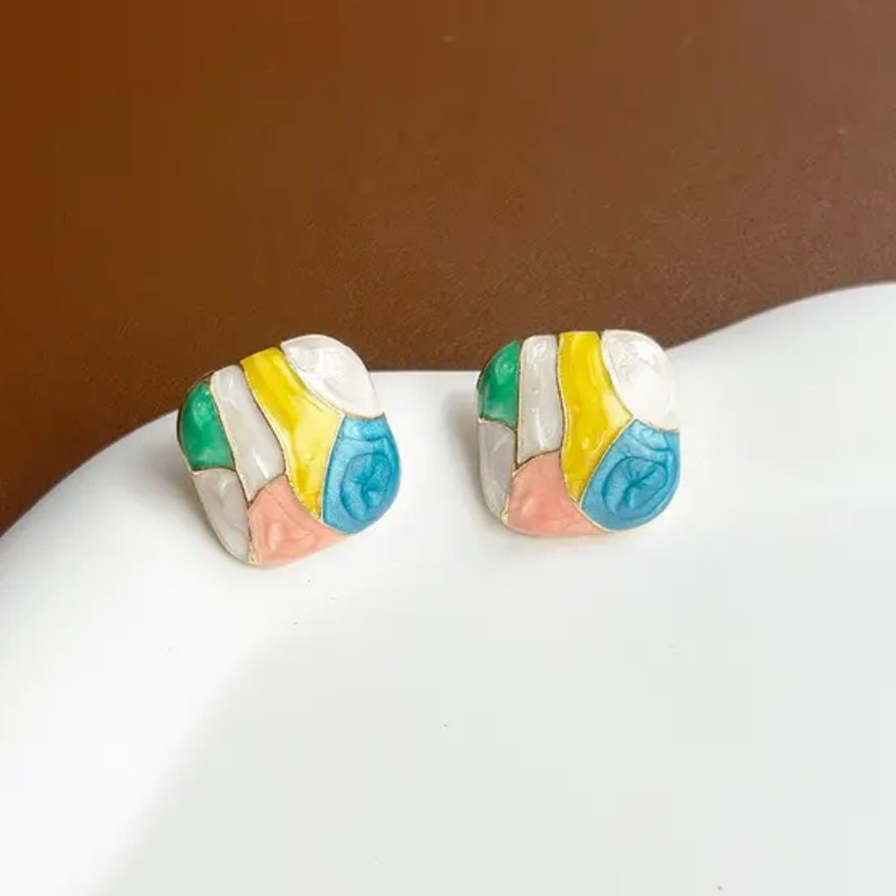 - 🌸 Vibrantly Colored Geometric Enamel Art deco GoldTone stud earrings